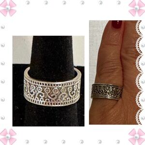 Ring - size 6.5-6.75 - filigree etched band silver tone stainless steel - new!
